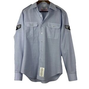 US Air Force Dress Shirt Mens 16.5 x 36C Blue Long Sleeve Wings E-3 Rank Patches